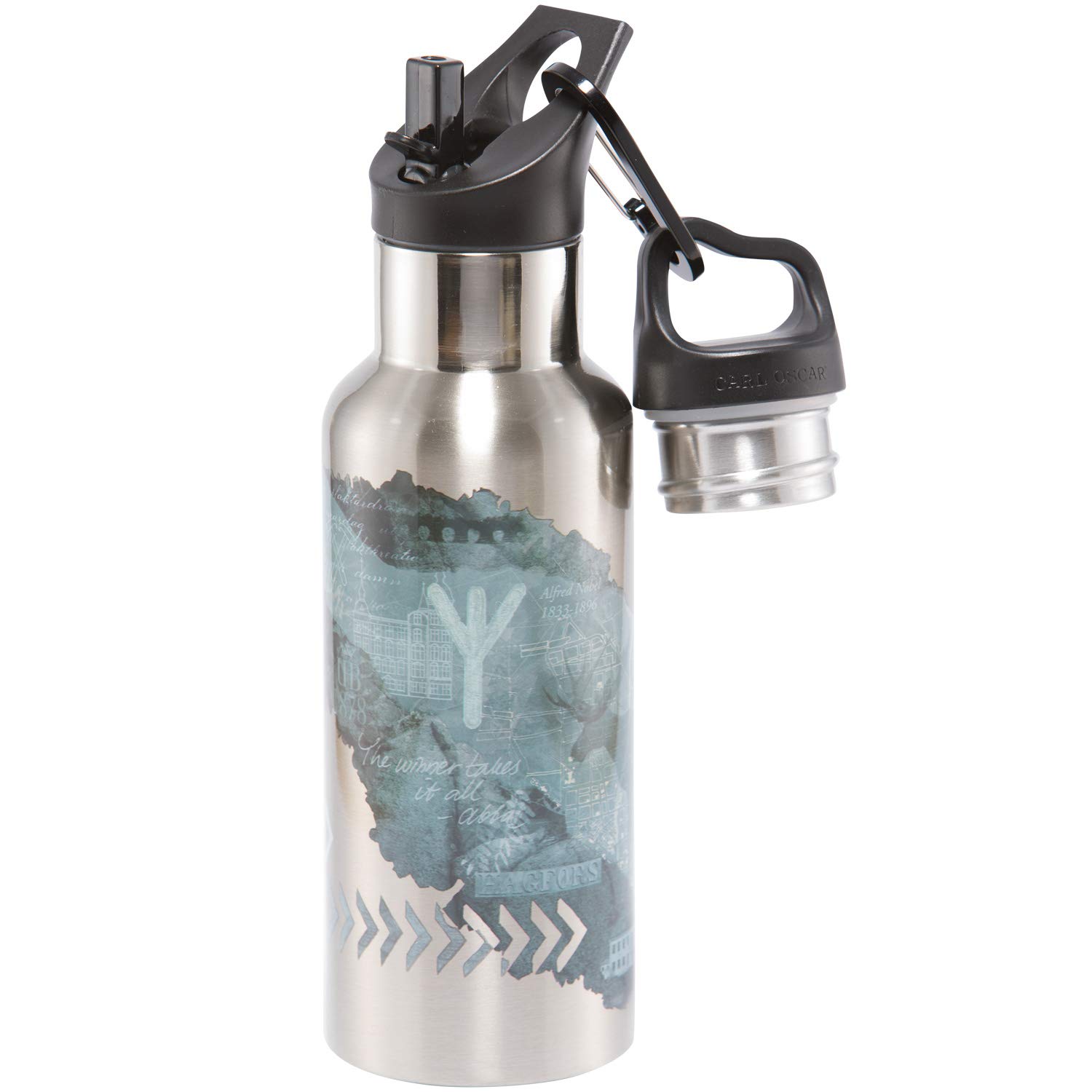 Carl Oscar Swedish Design Double-Walled Thermos Bottle - Vacuum Flask Keeps Drinks Warm for 10 Hours, Cold for 24 Hours. 0,5 Liter in Comes with 2 Lids and Straw. In Grey