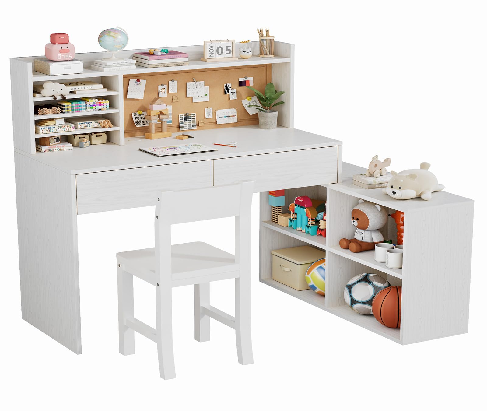 Photo 1 of RUPOLX Wooden Kids Desk and Chair Set, 2 Drawers and Remove 4 Storage Cabinets, Children Study Desk with Hutch and Shelves, Boys & Girls Study Desk for Kids Bedroom (White)-5Yz