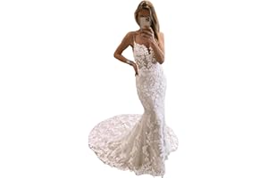 HANSHI E-COMMERCE Mermaid Wedding Dresses for Bride Lace Beach Tulle Applique V-Neck Spaghetti Straps Boho Bridal Dress for Bride with Train