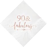 Crisky 90 and Fabulous Cocktail Napkins Rose Gold for Women 90th Birthday Decorations, 90th Birthday Bevergae Dessert Cake Table Supplies, 50Pcs, 3-Ply