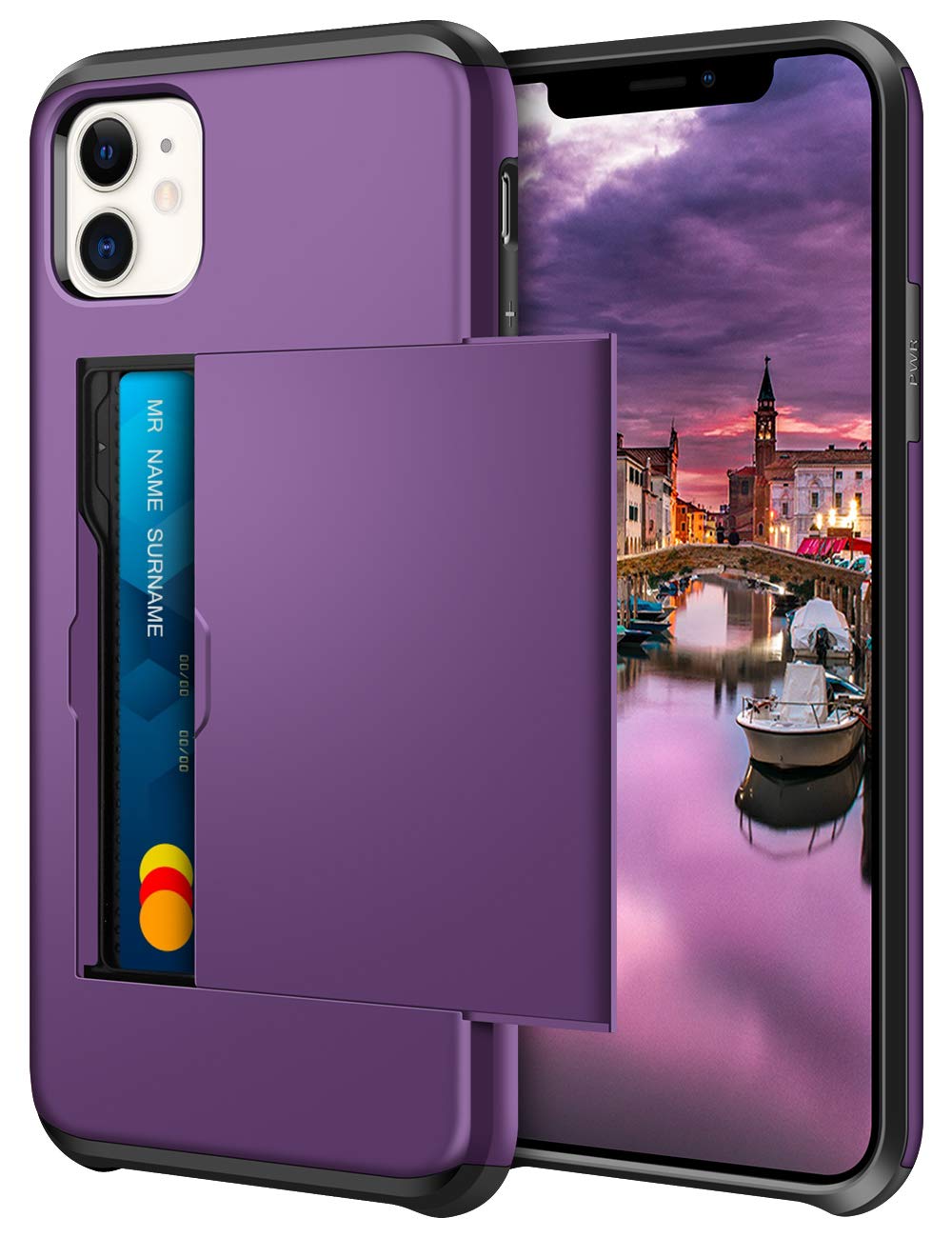 Coolden for iPhone 11 Case with Card Holder Wallet Cover Armor Shockproof Heavy Duty Protective Hard Back Soft Bumper Phone Cases Card Holder Slot Wallet Cover for iPhone 11 Phone Case (Purple)