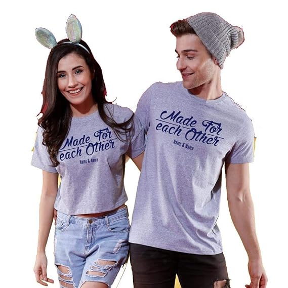 Made for Each Other, Matching Customisable Couples Valentine's Day Printed Cotton T-Shirt and Crop Top for Men and Women