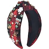 ABONDEVER Christmas Headbands for Women - Rhinestone Knotted Santa Headband with Crystal Snowflake Plaid Design - Holiday Hair Accessories Gifts (Black Red Plaid)