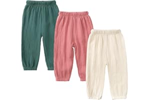 Kids Tales 3 Pack Boys Girls Cotton Linen Pants Child Basic Plain Solid Trousers Big Kids Elastic Waist Long Pants Bloomers
