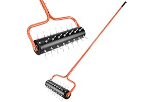 Senjoys 21" Rolling Lawn Aerator, 45 Preassembled Spikes, Only Needs 3-5 Minutes to Assemble, No Looseness, Good Package, 75" Long Handle with Quick Clip Connections, U-Shape Construction - Orange.