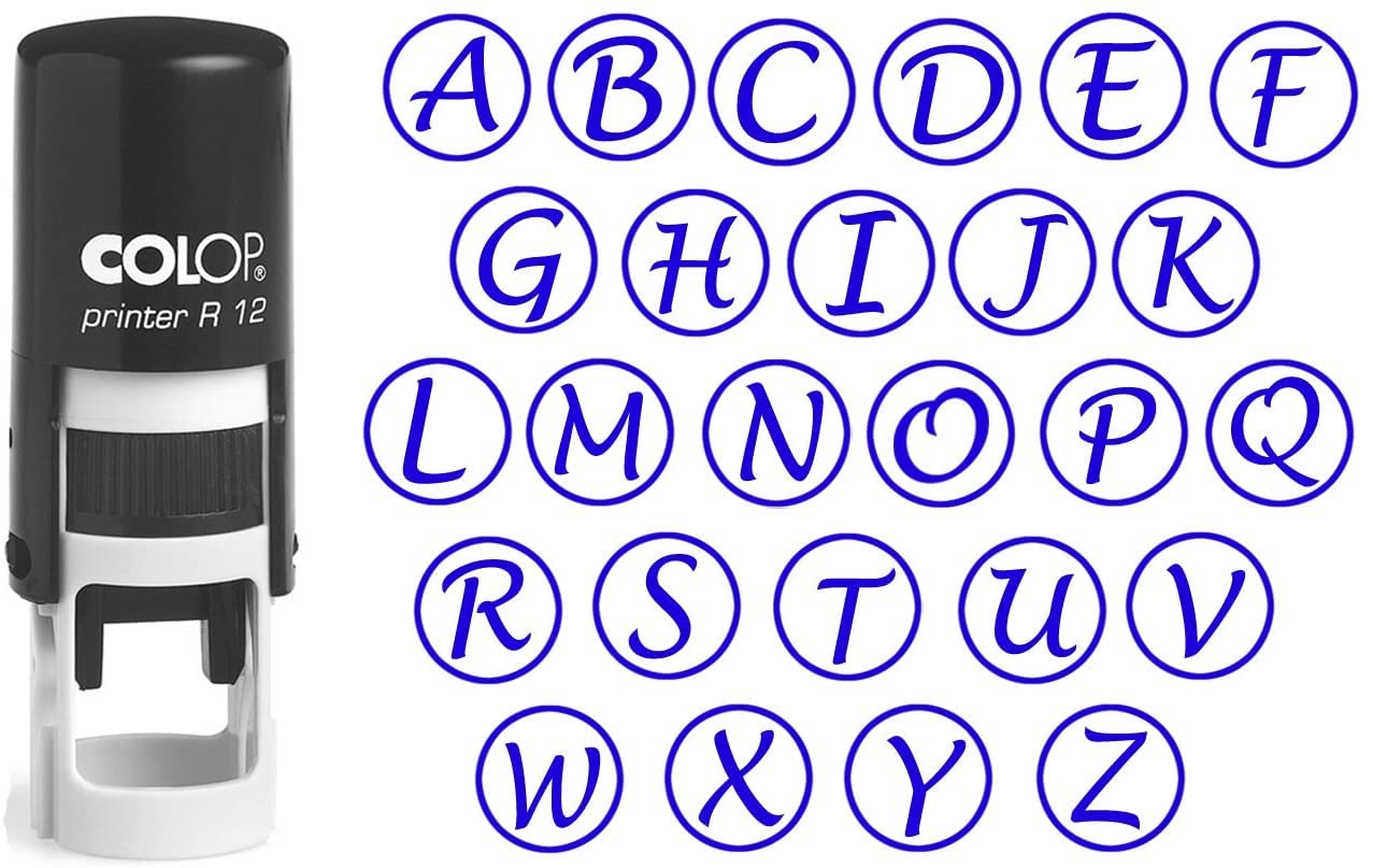 Custom A-Z Alphabet Stamp in Blue Ink Monogram Round Rubber Stamp Self Inking Initial Stamp COLOP Mini Stamper 12 mm