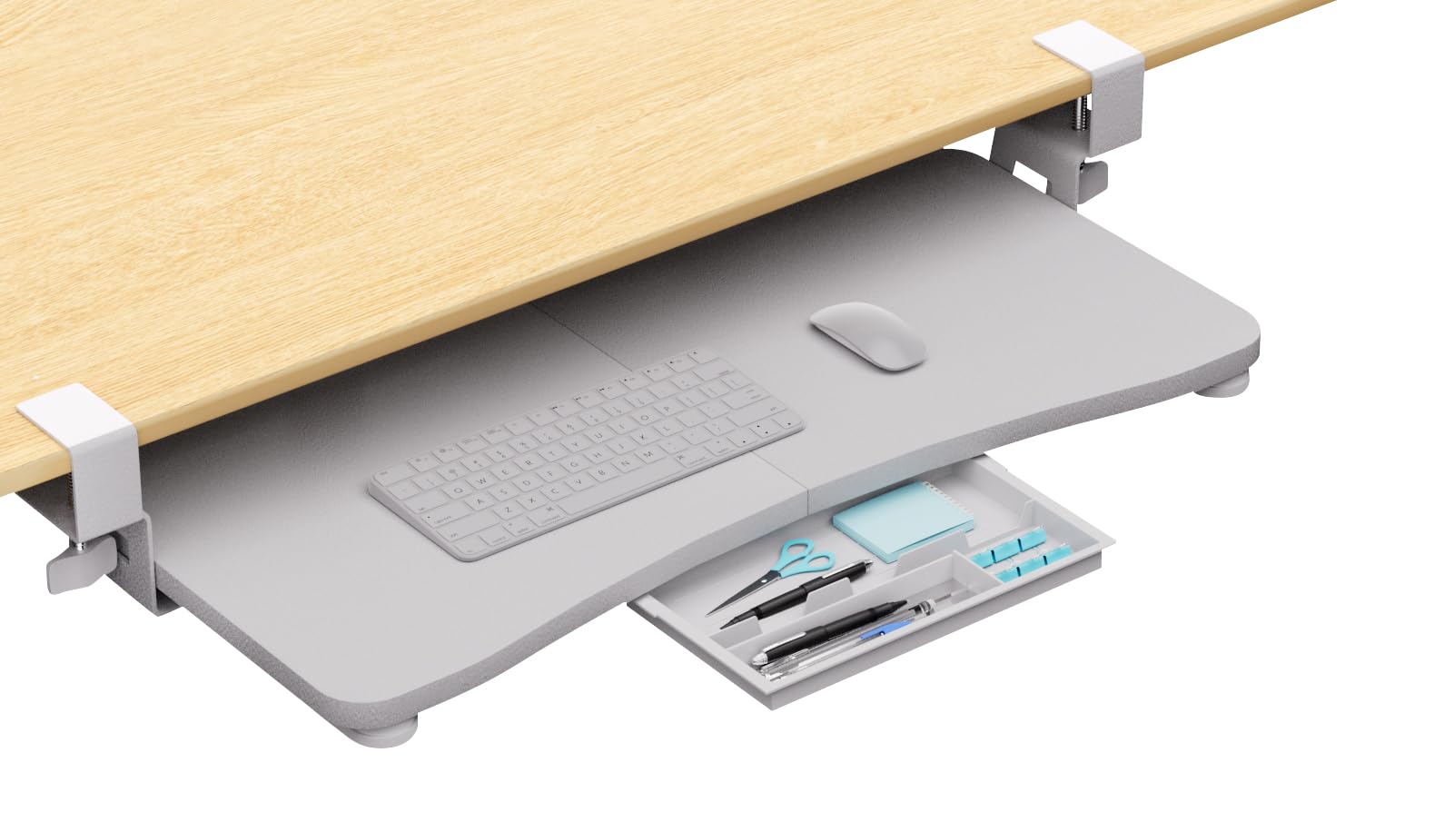 Photo 1 of CALASK Desktop Keyboard Tray, Under Desk Pull Out,25.59" X 11.81" Large Size Radian Keyboard Tray with C-Clip Mount, Easy Installation, Computer Keyboard Stand, for Home Study and Office(White)