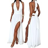 XinFSh Women's Halter V Neck Wedding Guest Maxi Dress Sexy High Slit Bow Tie Beach Vacation Long Formal Dresses