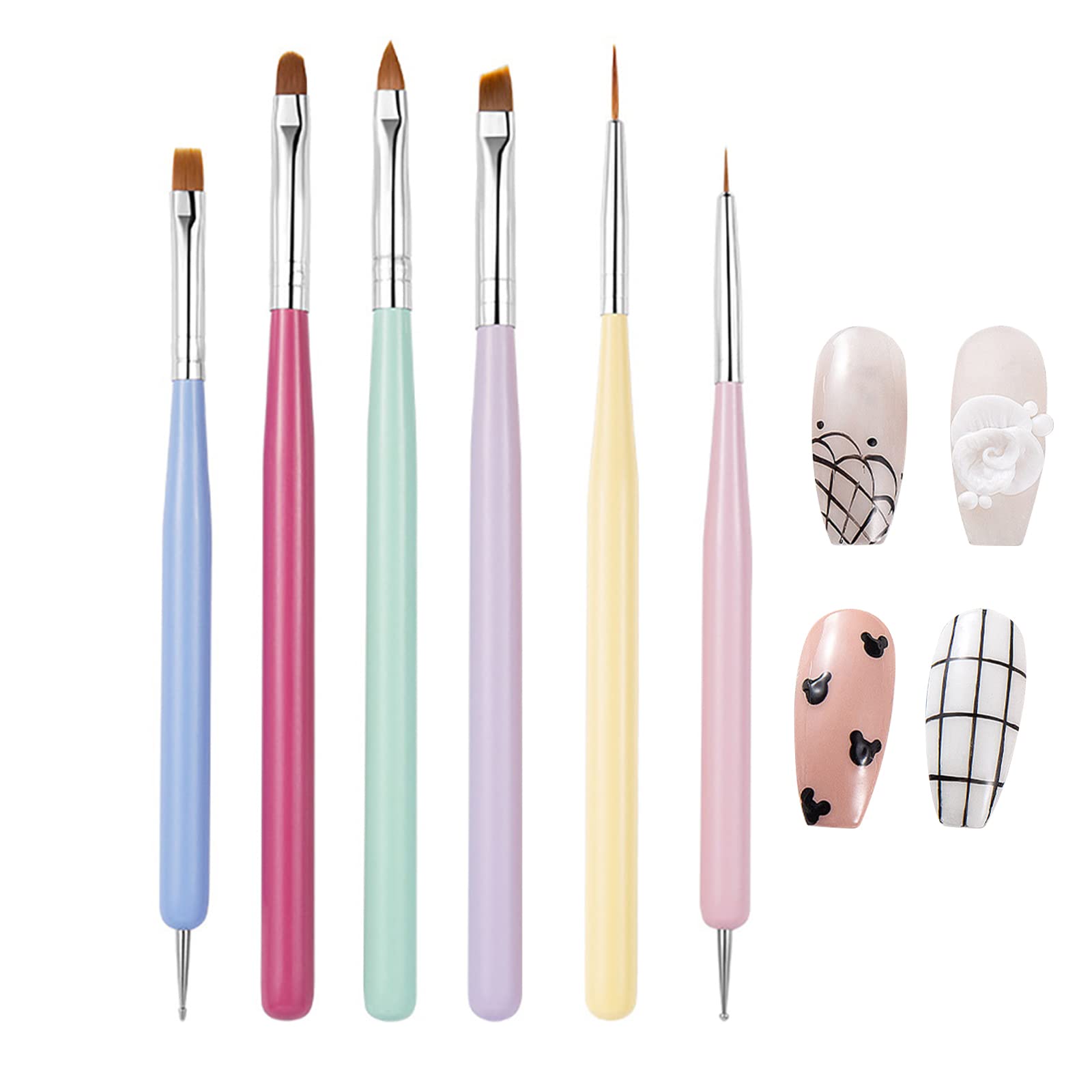 6 Pcs Nail Art Brushes Set- Acrylic Thin Nails Brush for Gel Nails, Nail Polish Design Painting Brush, Builder Gel Liner Pen, Double Ended Dotting Drawing Tools for Professional & Home Nail Salon DIY