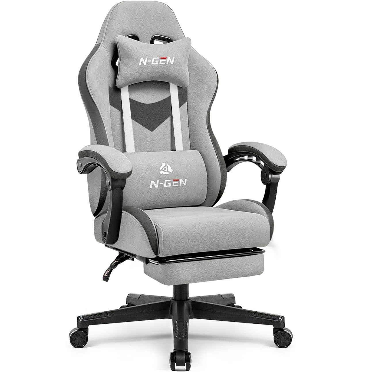 N-GEN GAMING Video Gaming Chair with Footrest Lumbar Support for Home Office High Back Recliner Height Adjustable Ergonomic Comfy Fabric Computer Desk Chair (Grey) Image