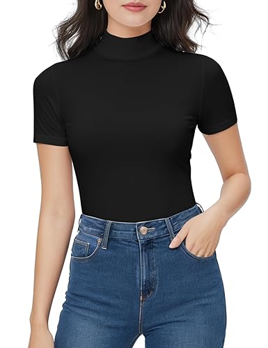 Mock Turtleneck Short Sleeve Tops for Women, Mock Neck Fitted T