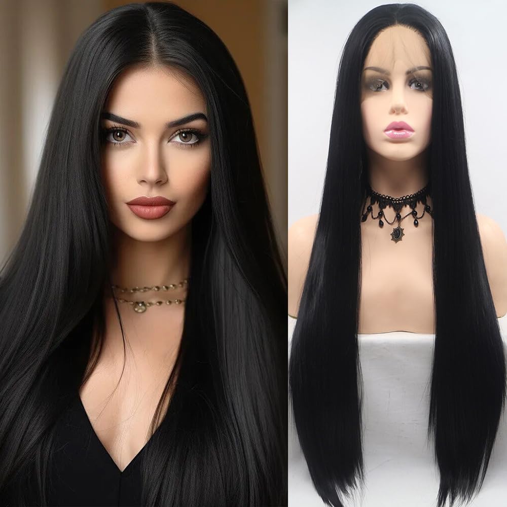 Xiweiya Black Lace Front Black Synthetic 13x3 Lace Front Wigs Long Silky Straight Heat Resistant Hair for Women, Girl Drag Queen Halloween Wig 26"