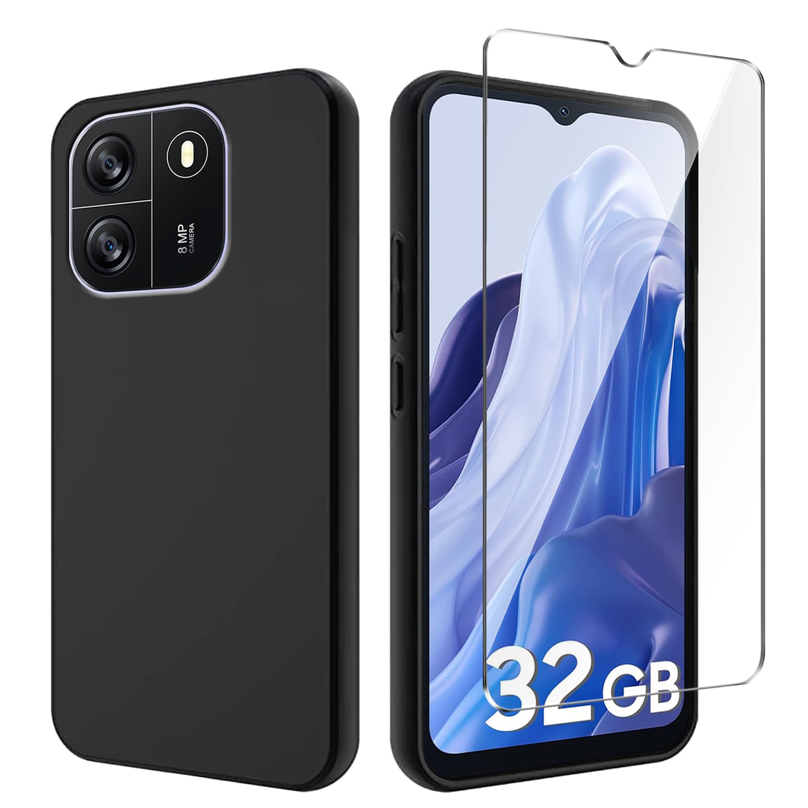 Qlfemna Case for Blackview Wave 6C/Oscal Flat 1C (6.5") with 1 Piece Tempered Glass Screen Protector, Black Ultra Thin Soft Silicone Cover, Anti-Shock Anti-Scratch TPU Phone Case
