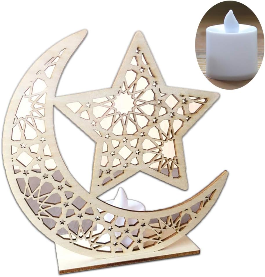 Mayoaoa Wooden Ramadan Eid Mubarak Moon Star Islam Hanging Plate with LED Light Decoration Main Decor DIY Gift 01