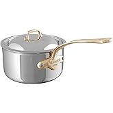 Mauviel M'Cook B 5-Ply Polished Stainless Steel Sauce Pan With Lid, And Brass Handle, 2.6-qt, Made In France