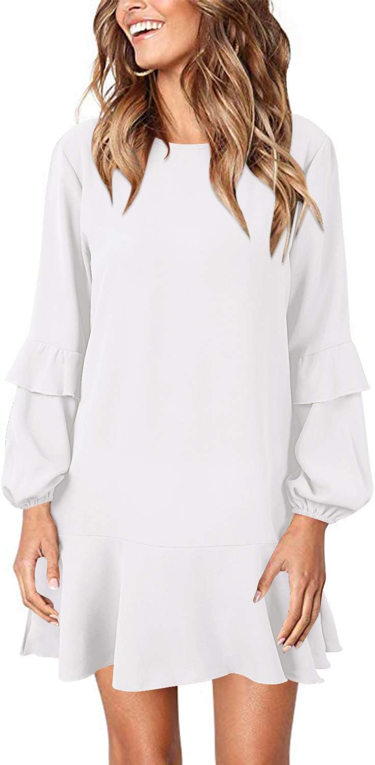 Aliling Women's Casual Loose Ruffles Tunic Top Dresses Long Sleeve A Line Swing Mini Dress