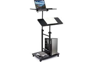 CUISIBOT Multi-Purpose Lecterns & Podiums, Portable Mobile Standing Laptop Desk, Height Adjustable Rolling Podium Stand with Storage 2 Swivel Top,Sit Stand Lectern Desk Workstation for Classroom Church (Black)