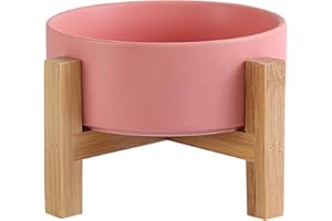HCHLQLZ Elevated Ceramic Cat Bowl - Cat Food Bowl with Bamboo Stand - Raised Dog Dish for Puppies - Anti Vomiting, Stress Free - 13.5 oz / 400 ml - Pink