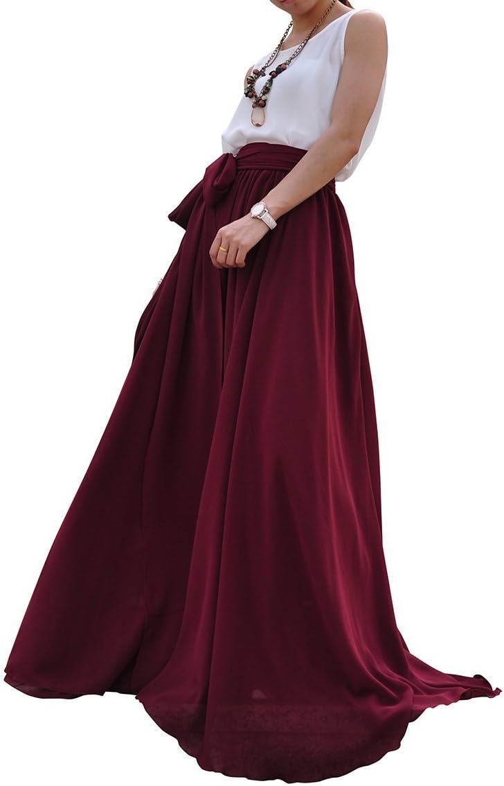 MELANSAY Women's Beatiful Bow Tie Summer Beach Chiffon High Waist Maxi Skirt