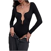 SweatyRocks Women's Deep V Neck Long Sleeve Bodysuit One Piece Leotard Sexy Going Out Tops