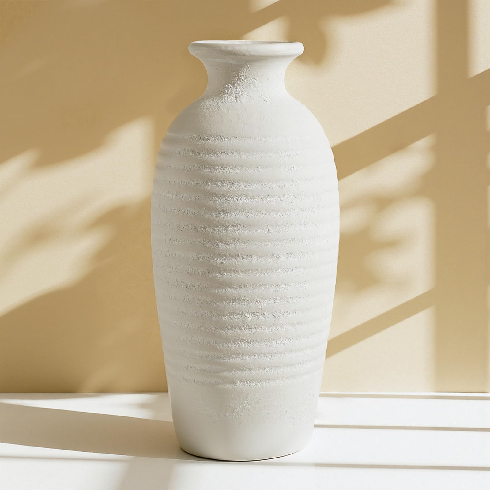 Photo 1 of Rustic Ceramic Threaded White Vase, 14.4" H Tall Vases for Centerpieces,Handmade Large Decorative Vase for Living Room Decor,Vintage Farmhouse Pottery Flower Vase for Entryway Fireplace|Off-White