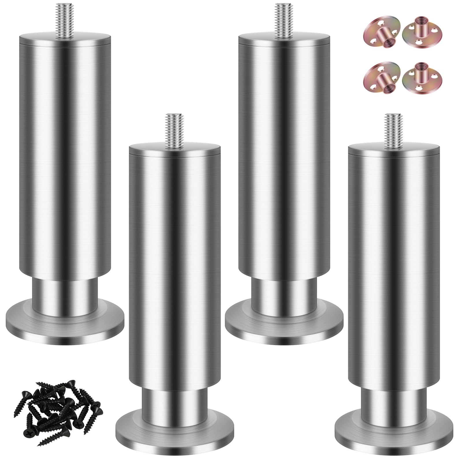 SHUIOG Pack of 4 Furniture Feet, Stainless Steel Furniture Legs, Metal, Adjustable Table Legs, Height Adjustable, Round Legs, Furniture Feet, Table, Bed, Cabinet, Sofa Legs, Replacement Cabinet Feet