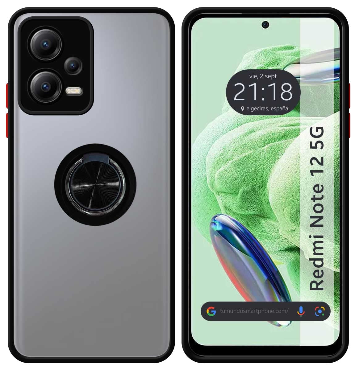 Tumundosmartphone Matte Case with Black Edge and 360 Rotating Ring for Xiaomi Redmi Note 12 5G