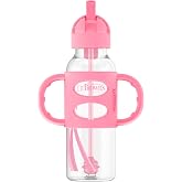 Dr. Brown's Narrow Sippy Straw Bottle with Handles, Pink, 1-Pack | Teach baby straw-sipping skills, weighted straw lets them drink in any direction, 100% silicone handles, 8 oz, 6m+