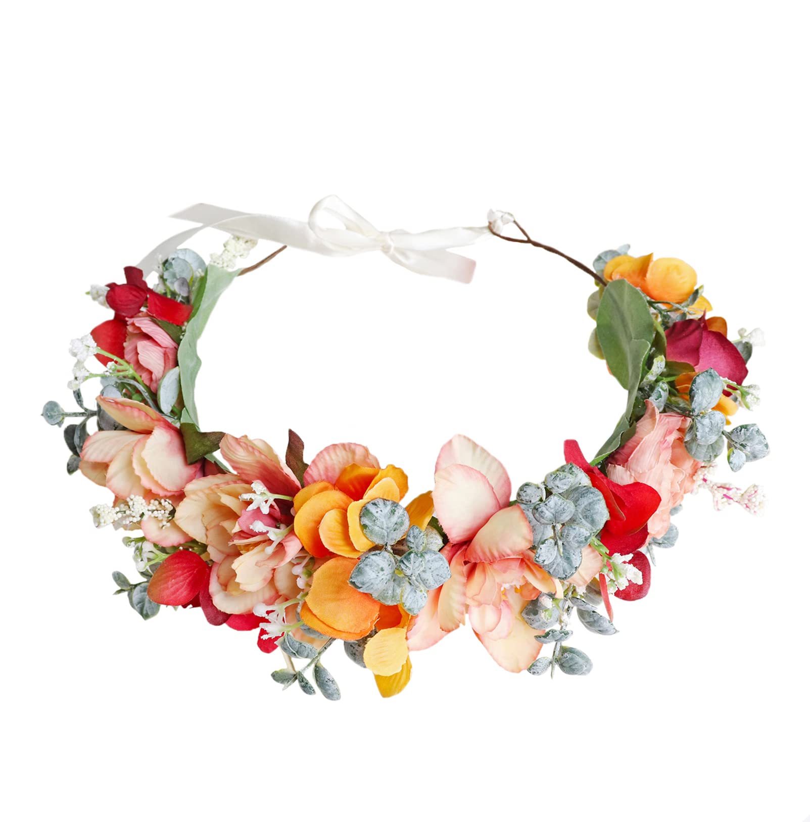 Brikuinr Flower Wreath Crown Bridal Floral Headband Hair Wreath Hair Garland Flower Halo Floral Headpiece Boho with Ribbon Wedding Party Festival — image 1