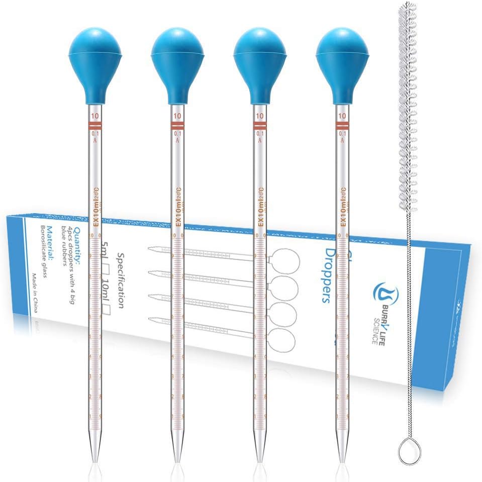 Glass Graduated Droppers Pipettes Dropping Pipettes Fluid And Liquid Pipettors with Big Rubber Caps 4 Pcs (10ml)