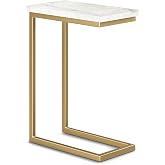 SIMPLIHOME Skyler 18" Wide C-Side Table in Gold/White Marble | Contemporary solid iron C-side table with genuine white marble top and slide-under design for living room or home office use.