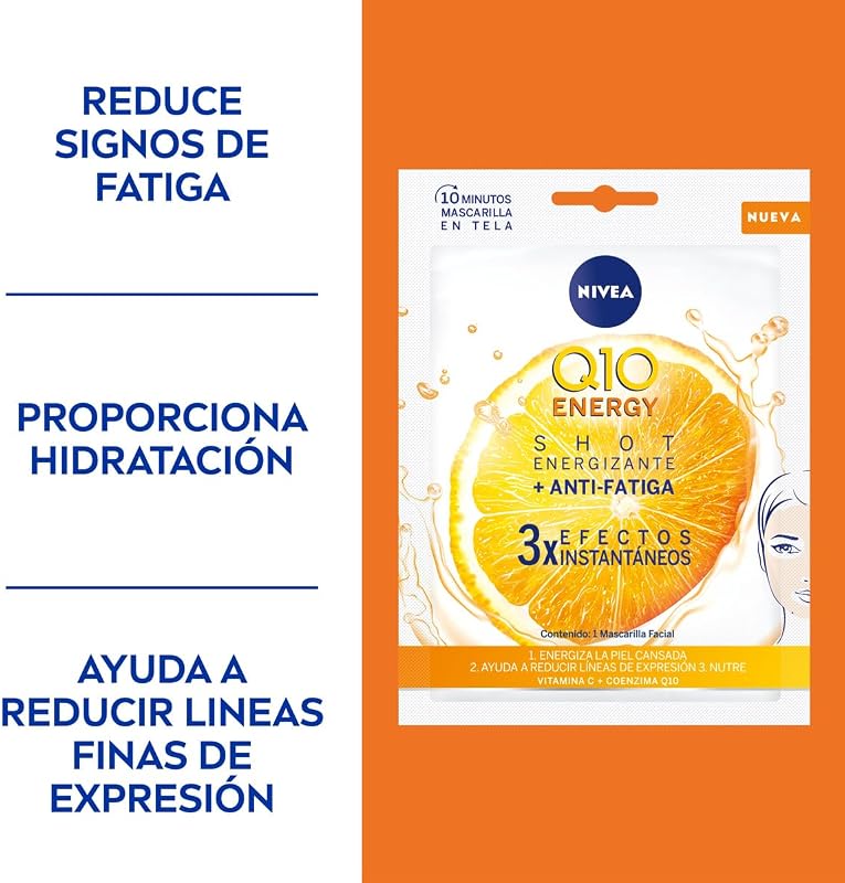 Q10 Energy Mascarilla de Tejido con Vitamina C (1 ud) - Mascarilla Antiarrugas, 3 Efectos Instantáneos, Coenzima Q10, Vitaminas - Piel Seca, Mixta, Normal - 1 Unidad