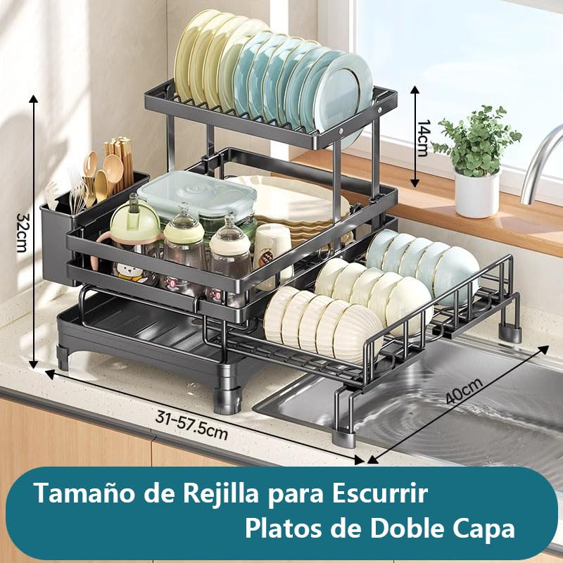 WEGOPAI Escurridor de Trastes Extensible,Escurridor de Platos de Doble Capa Escurreplatos Plegable Puede Contener Cuencos Palillos yTazas Etcpara Encimera de Cocina (A)