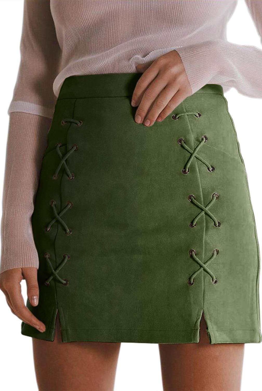 Women's Classic High Waist Lace Up Bodycon Faux Suede A Line Mini Pencil Skirt