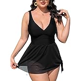 CUPSHE Women Tankini Sets Plus Size Two Piece Swimsuit High Waisted V Neck Mesh Ruched Self Tie Swim Dress