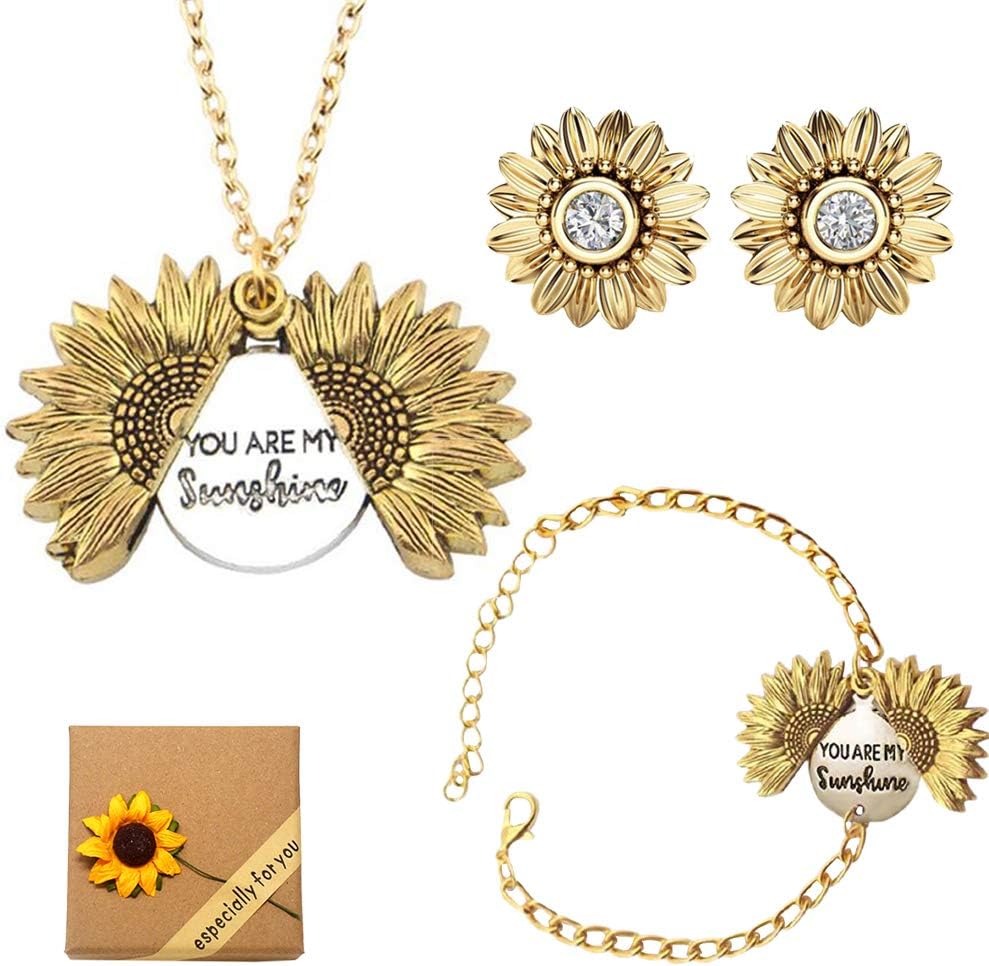 Eigxianhai Sunflower Necklace Jewelry Set Gift for Women, You are My Sunshine Engraved Locket Necklace and Bracelet, Stud Earring