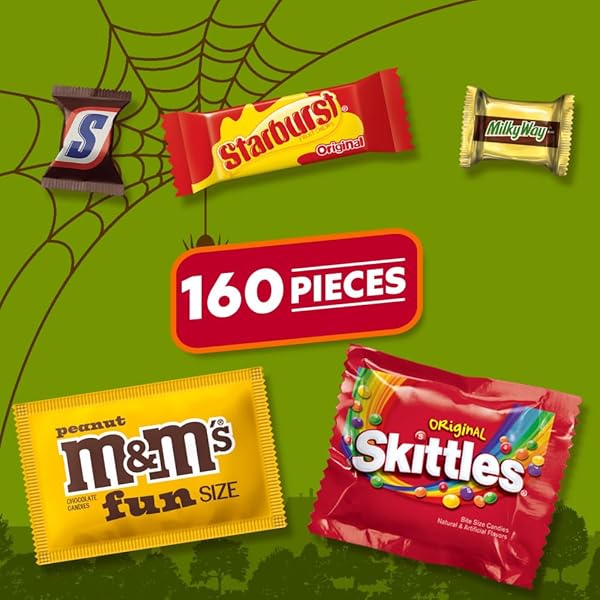 M&M’S, SNICKERS, SKITTLES, & STARBURST HALLOWEEN CANDY BULK CHOCOLATE AND FRUITY CANDIES FUN SIZE VARIETY PACK OF HALLOWEEN SNACKS, TREATS, AND PARTY FAVORS, 160 CT BAG