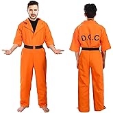 WEFONLLICOS Orange Prisoner Costume Jumpsuit Prison Inmate Jail Criminal Overalls Halloween Outfit for Adult Men Women