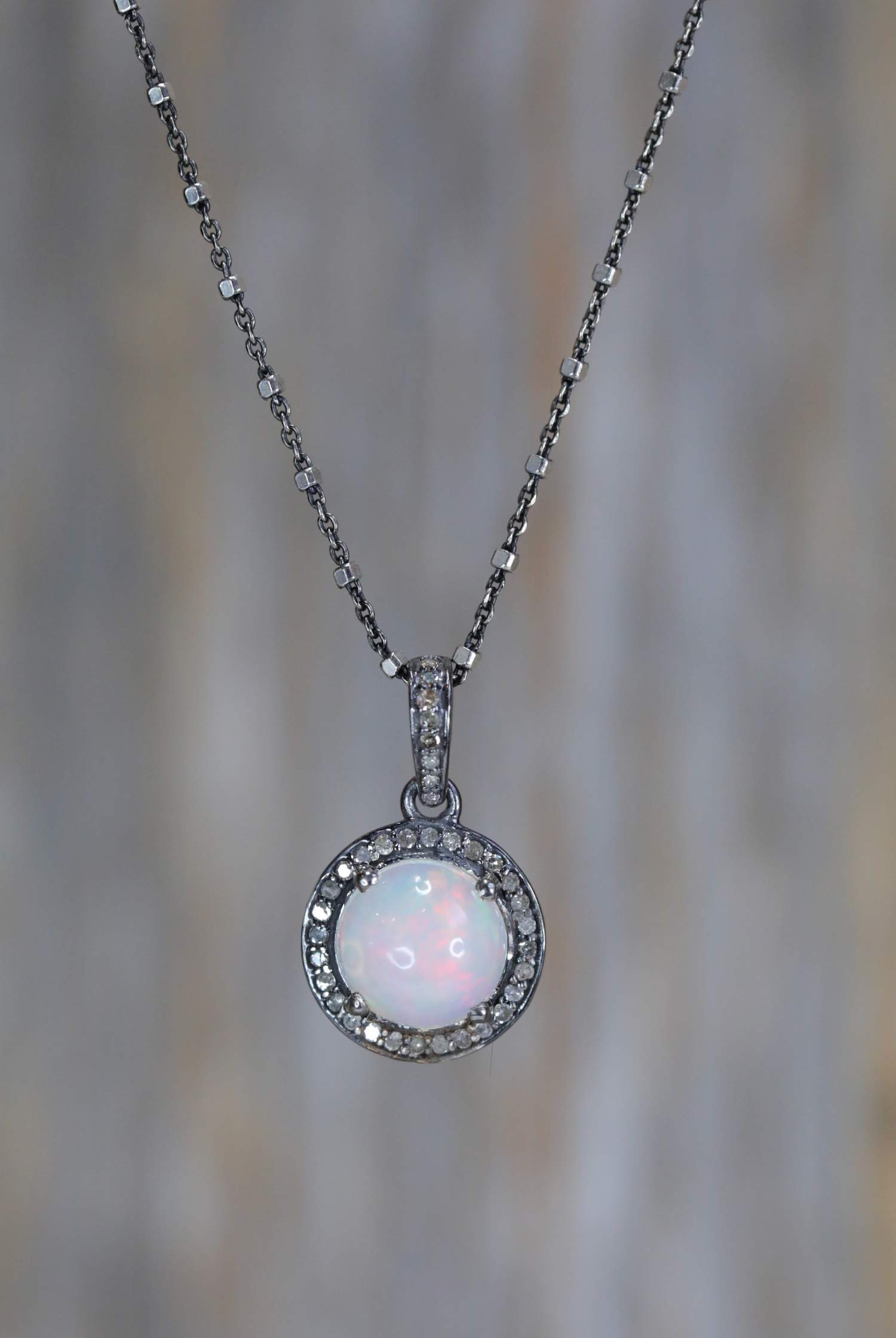 Nadean DesignsGenuine Opal Diamond Gemstone Round Pendant Necklace- October Birthstone Birthday-Women's Jewelry Gift Idea-Anniversary