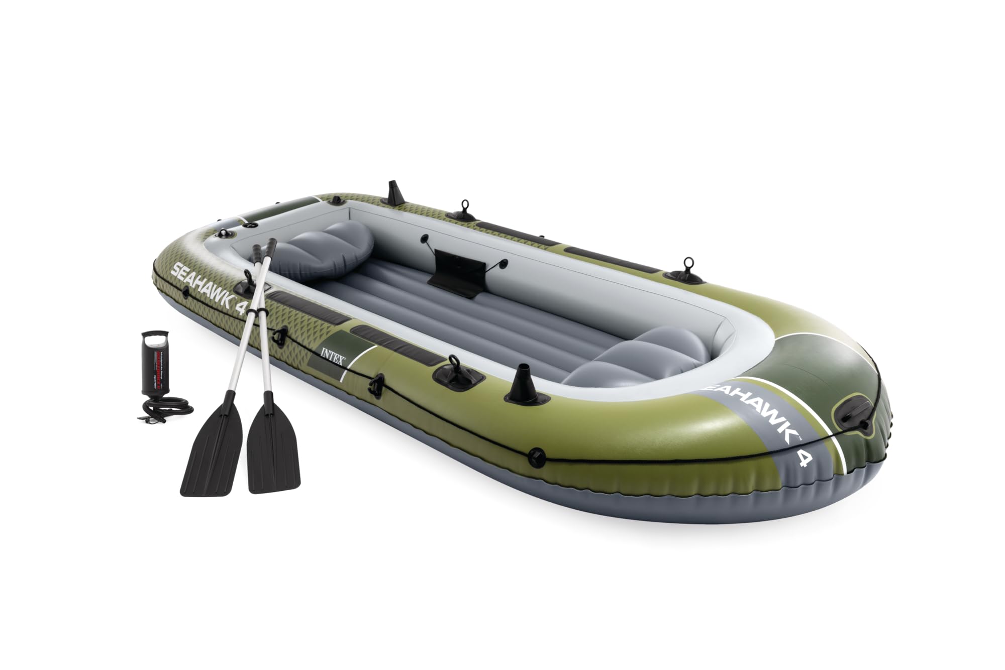 INTEX 66334EP Seahawk 4 Inflatable Boat Set: Includes Deluxe 54in Aluminum Oars and High-Output Pump – SuperStrong PVC – Fishing Rod Holders – 4-Person – 1050lb Weight Capacity Image