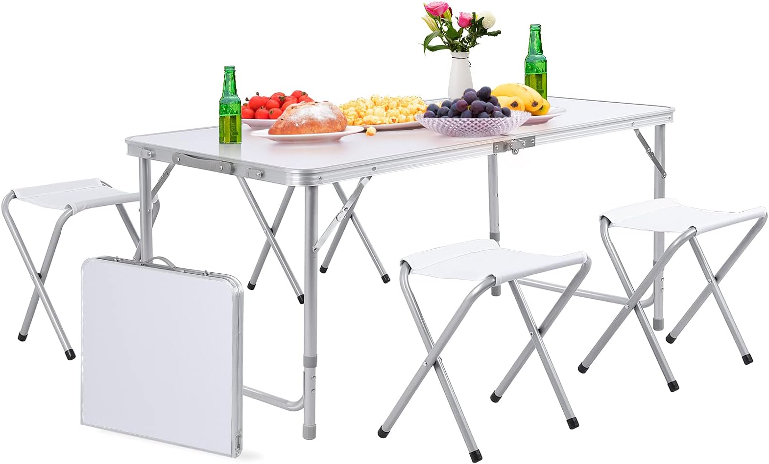 GARTIO 4FT Aluminum Folding Table, Fold-in-Half, Height Adjustable Portable Lightweight Camping Beach Dining Utility Desk, with Handles and 4 Chairs, for Indoor Outdoor Garden Picnic Party, White