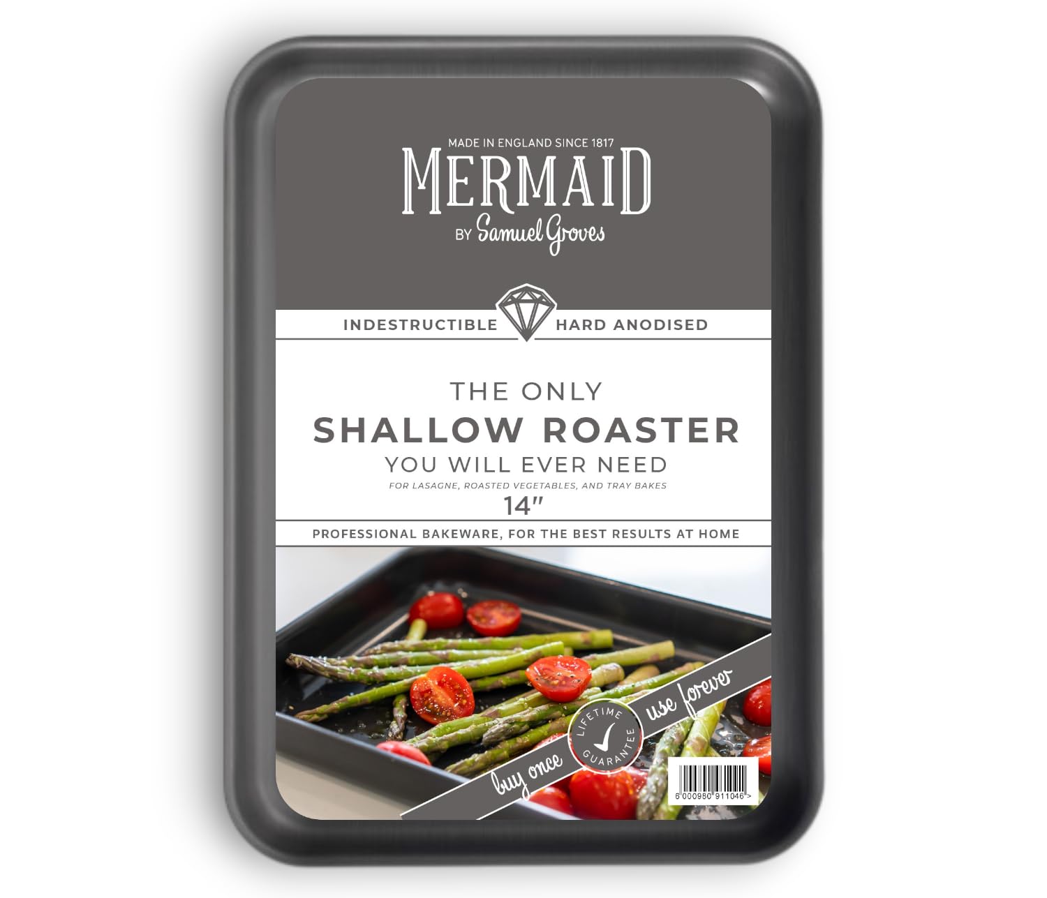 Mermaid 14" Hard Anodised Shallow Roasting Dish – UK Made Professional Naturally Non-Stick Oven Tray for Vegetables, Potatoes & Everyday Roasting (36cm x 26cm)