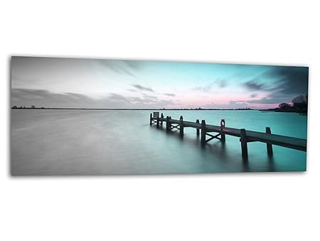 KD Dsign+ XXL Glasbild AG312500550 MURAL STEG SEE TÜRKIS S/W 125 x 50 cm/WANDBILD Deco Glass/Handmade