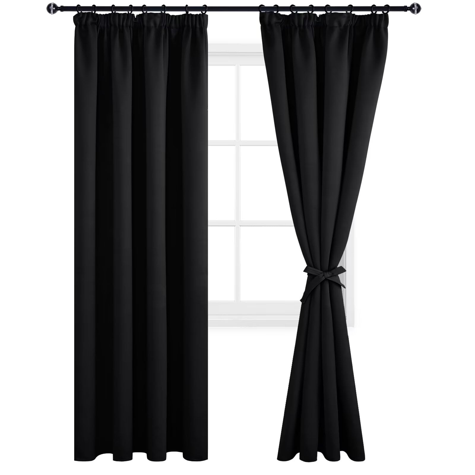 DWCN Blackout Curtains for Bedroom Pencil Pleat Curtains Thermal Insulated Curtain for Home Decoration Room Darkening Drapery Curtain for Halloween Decor Window Treatment 66x90 Black, 2 Panels