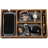 Shinpuru Wooden Valet Tray with Leather Inlay - Nightstand & Desk Organizer - EDC Essentials Catchall Tray for Keys, Phone, W