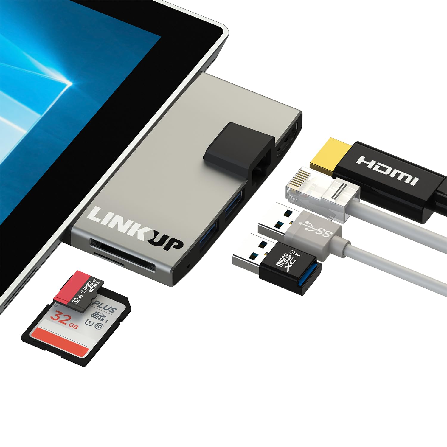 LINKUP - Surface Pro 7 Compatible SD Card Micro Memory Reader Adapter Hub | 6-in-1 Docking Station | 4K HDMI, Gigabit Ethernet, SD/Micro SD Card Slots 1x USB-A 3.0 1x USB-C |