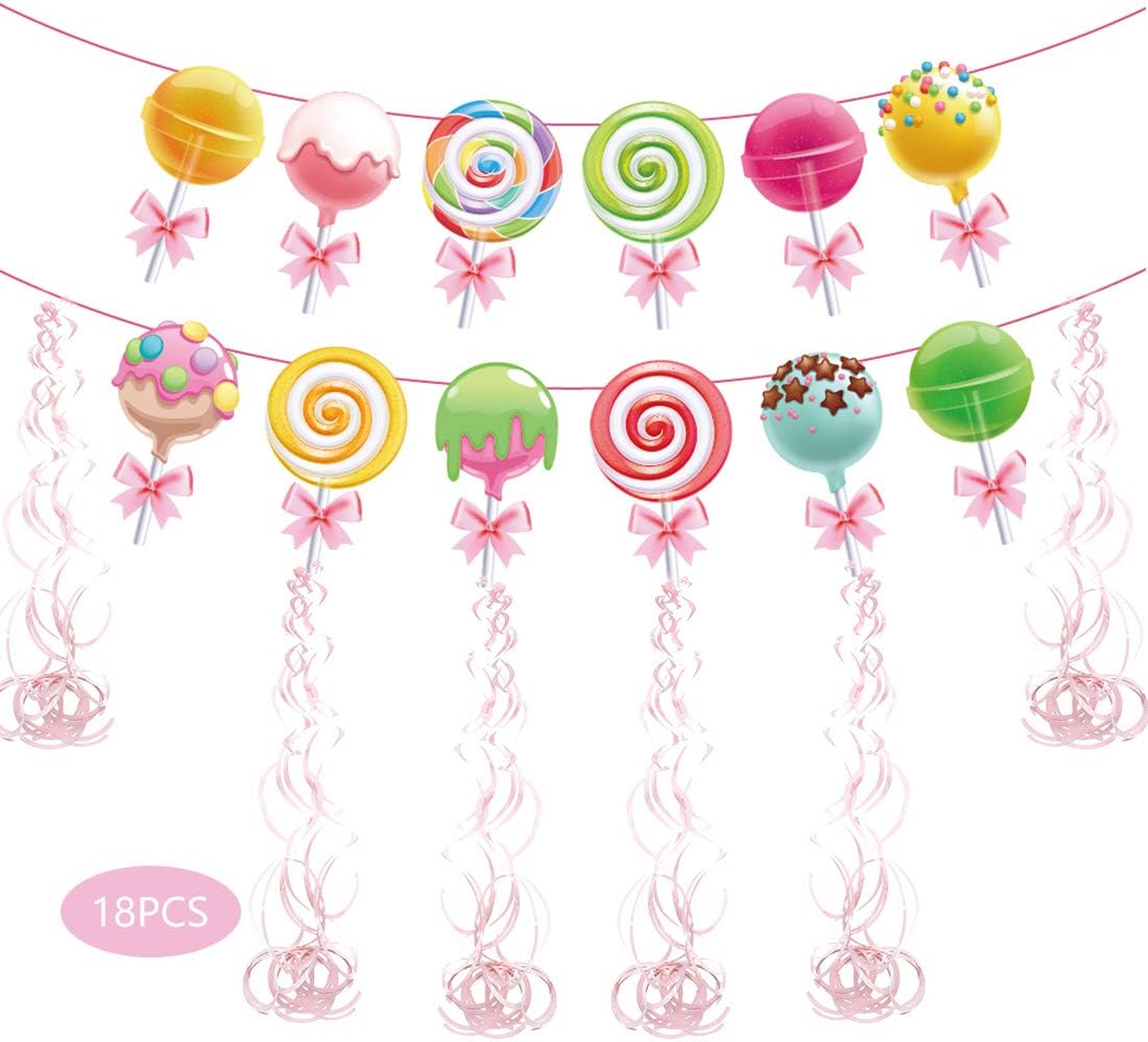 Candyland Decoration Banners – 12 Super-hit rainbow lollipops, 6 Macaron pink hanging swirl décors, Birthday Get-together Thanksgiving Celebration sweetie theme DIY backdrop supplies
