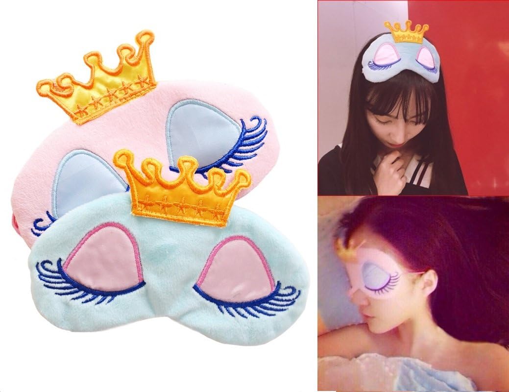 Oopsu 2 Pack Lovely Girl's Blindfold Crown Long Eyelash Cartoon Cotton Eye-Shade mask Breathable Sleeping Blindfold (Pink+Light Blue)