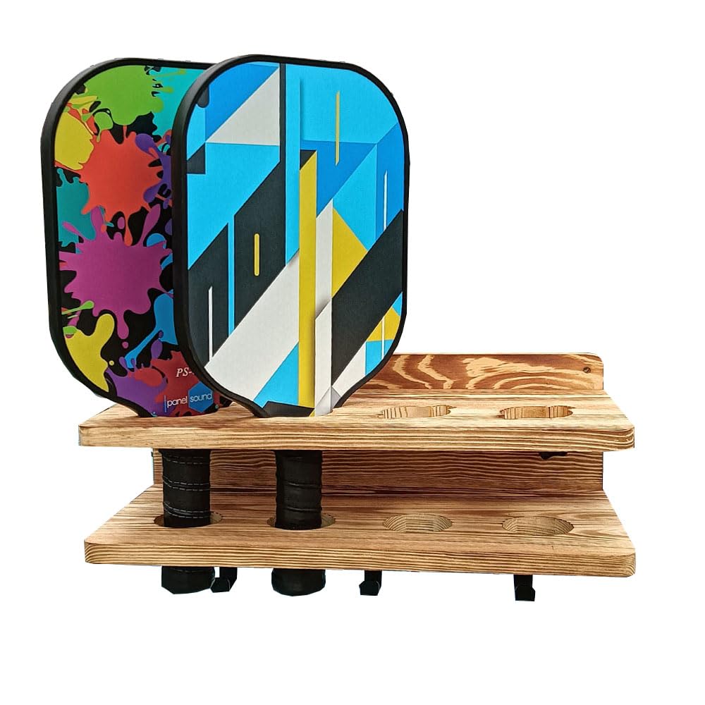 HAORIZISHOP Pickleball Paddle Rack，pickleball Holder,for Fence and Wall Solid Wood Pickleball Paddle Holder,Holds 4 Paddles, with Hooks (1)