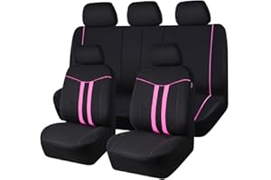 CAR-GRAND Piping Cloth Car Seat Covers Full Set, Breathable Universal Car Seat Cover, Airbag Compatible Seat Cover for Cars Trucks SUV Van Sedan (Black-Pink Strips)